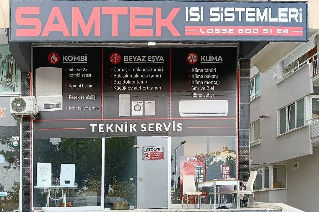 SAMTEK Isı Sistemleri dükkânının önden görünümü: tabela ve kombi, beyaz eşya, klima hizmetleri yazılı vitrin, Cumhuriyet Mahallesi, Atakum, Samsun